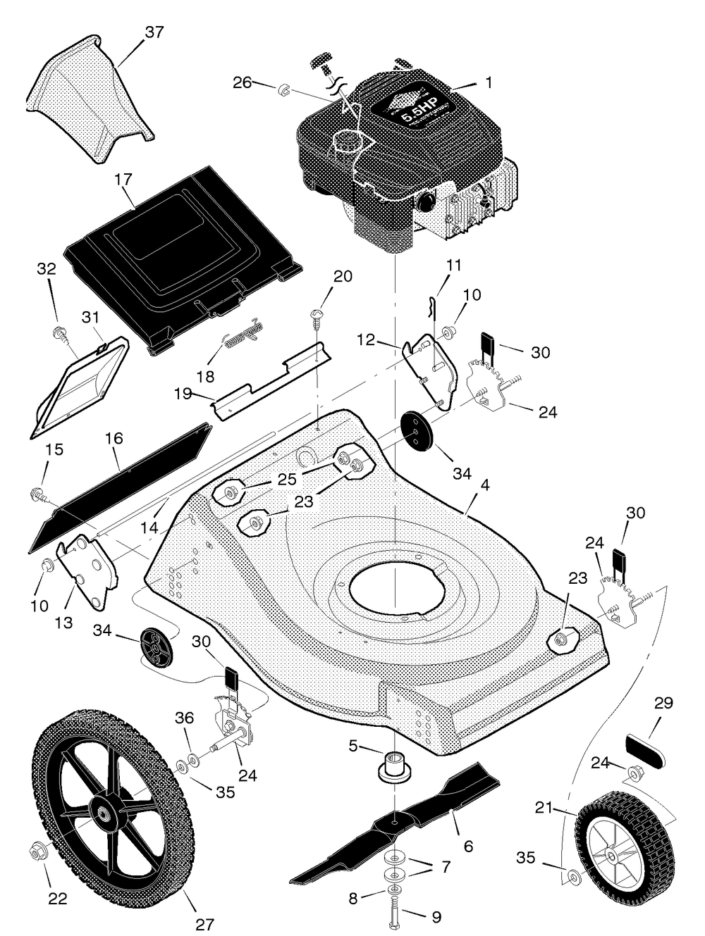 Mower Housing Assembly Diagram and Parts List for 21698X99A 1996 Briggs and Stratton Lawn Mower